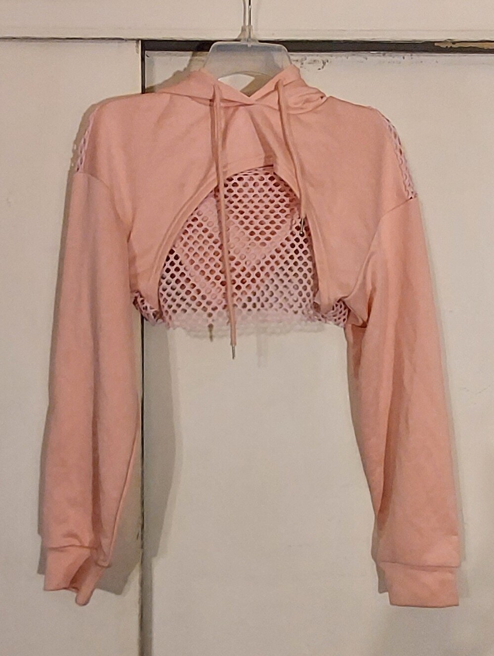 YOZY Pink Cropped Fishnet Cutout Hoodie Sweatshirt Size M (6)